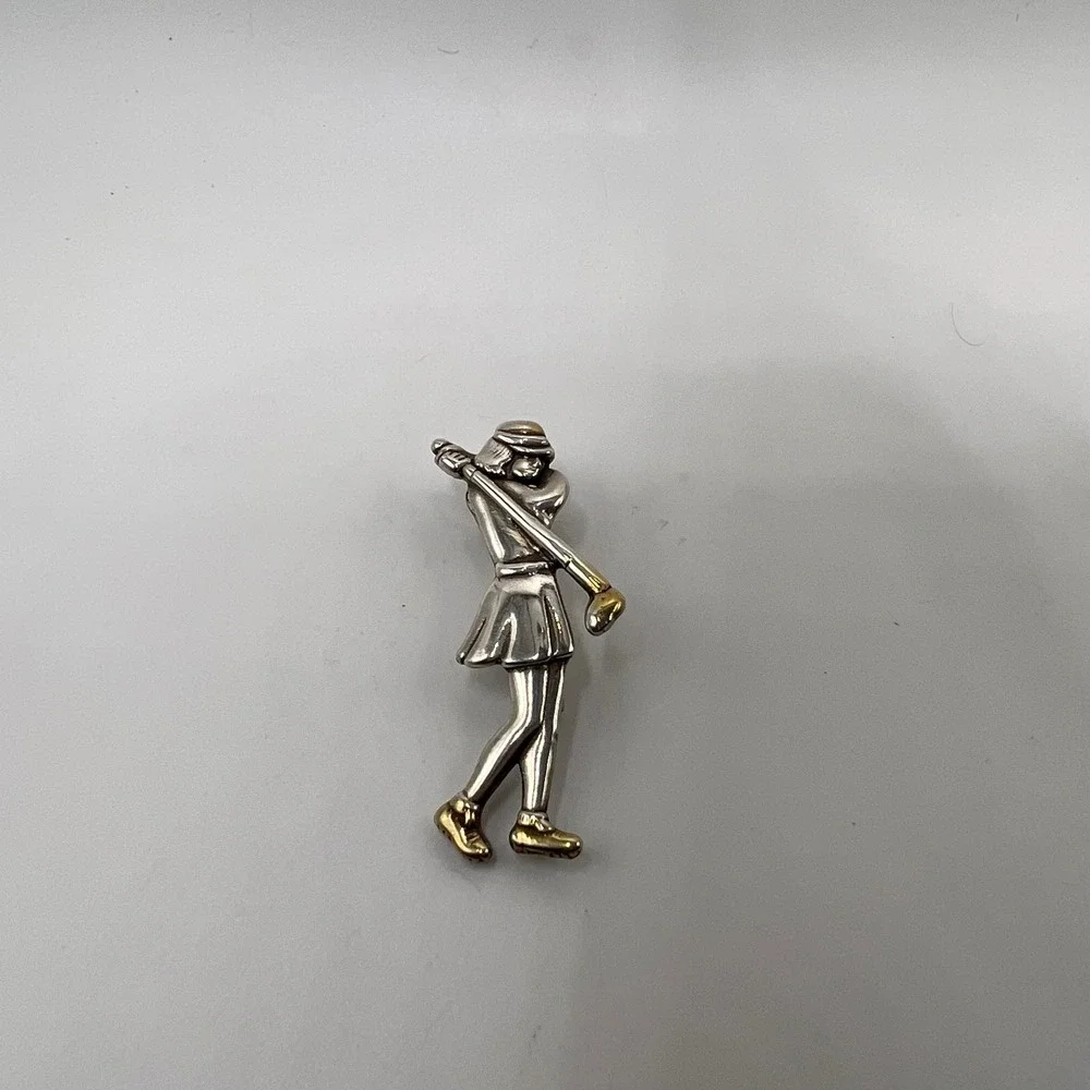 Vintage Sterling Silver 925‎ & Gilt Gold Accent Golfing Woman Pendant Brooch